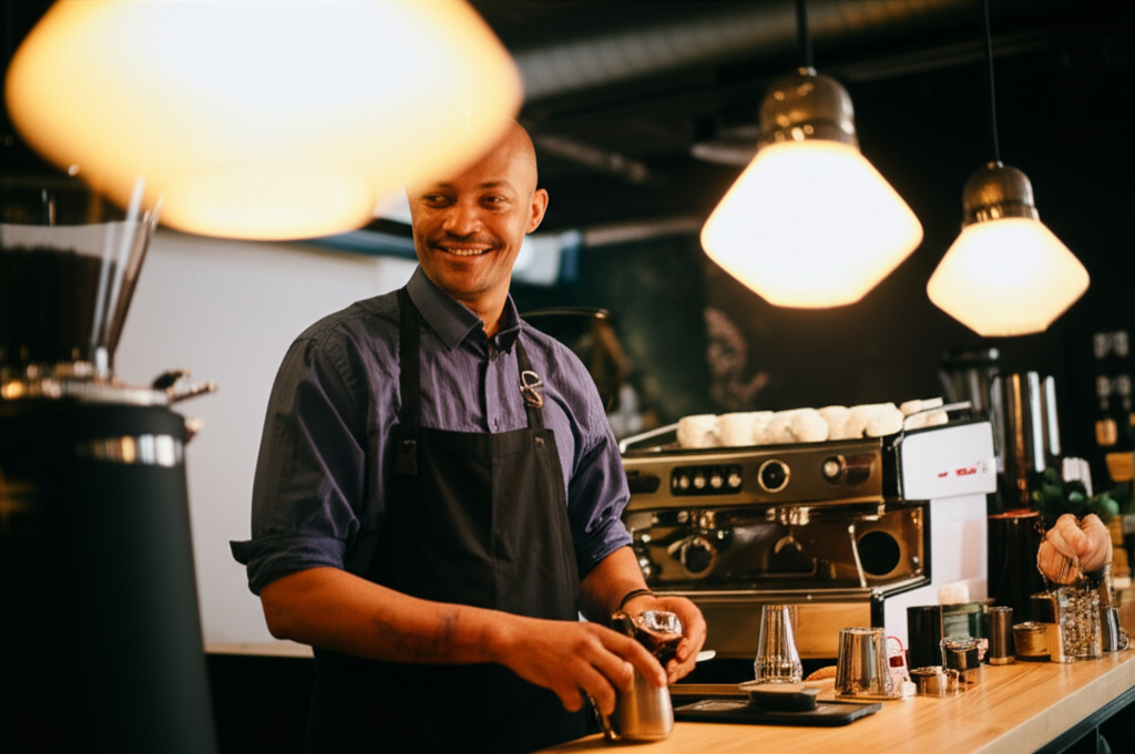 Happy barista serving coffee at The Cozy Corner Cafe